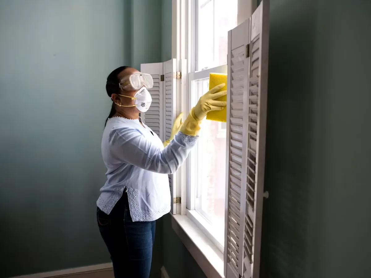 A cleaner wiping down window shutters in a client's home